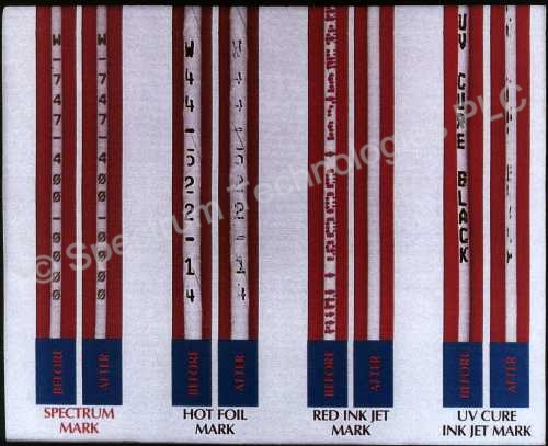 The results from the Skydrol Test: Spectrum Laser Marking Vs Ink Based Marking before and after soaking in Skydrol.